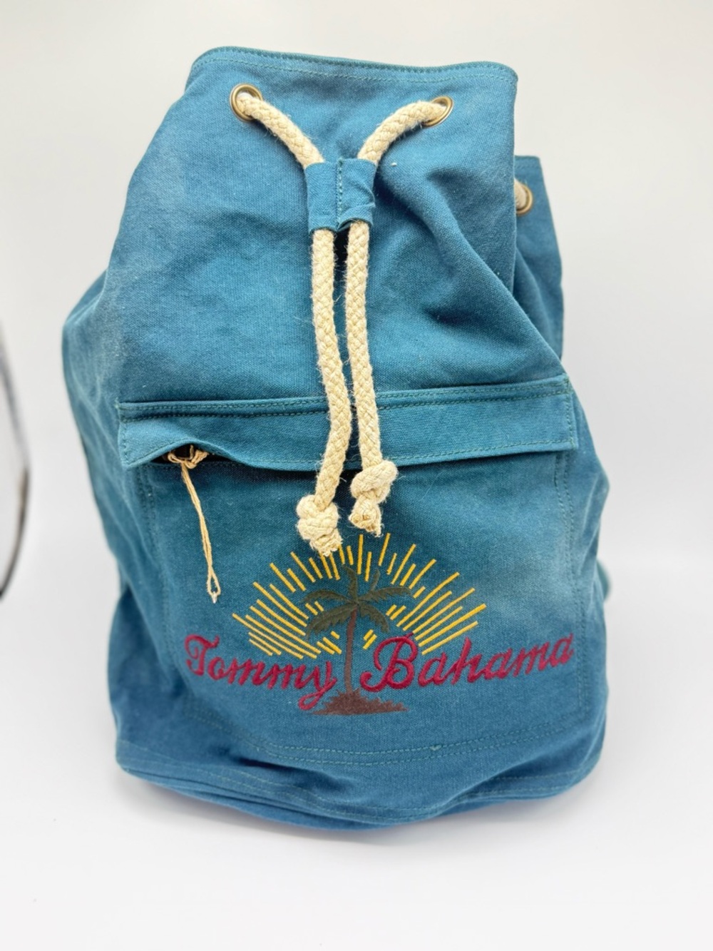 Tommy Bahama Teal Canvas Drawstring Backpack with Embroidered Logo-New!